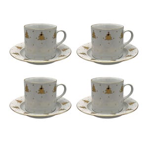 Tea Cups w/ Matching Saucers (4), w/ Golden Pines, Gold Trees w/ Stars + Gold Trim by Tienshan, Holiday Season, Xmas Cheer, Discontinued.