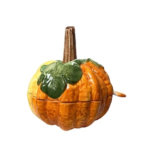 Pumpkin form Tureen w/ Original Ladle, a Stew or Soup Dining Table Server, Leaf or Vine Finial & Ladle