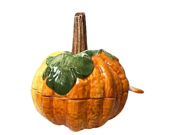Pumpkin Ceramic Tureen with Ladle, Italian Autumn Table Decor