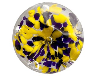 Paperweight of 6 Yellow and Blue mottled Flowers w/ 6 controlled Air Bubbles aka Bullicante, Dew drop on 6 Flower Pistils. Elegant.