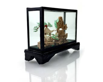 Vintage Chinese Colored Cork 3D Sculpture Diorama or Carved Oriental Landscape w/ Cranes Bridge Pagoda Temple, Black Lacqured frame in Glass
