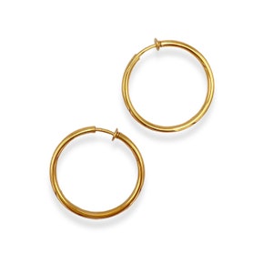 Reclaimed 18K Gold Plated Retro Spring-Back Earring Hoops. Swing in from the 1970&#39;s with these timeless oldies! 1.5&quot; Diameter!
