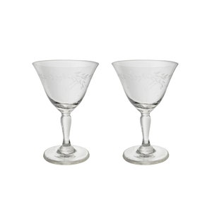 Pair of Willow Moon by Pioneer (Japan) Hand-blown Footed Champagne / Sherbet / Cocktail Glass, Etched w/ Willow Branch Motifs, 4 1/2&quot; Tall