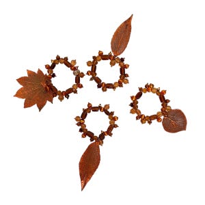 Set of 4 Napkin Rings with Vintage Glass Beads, Crystals and Electroplated Natural Leaves in Amber tones