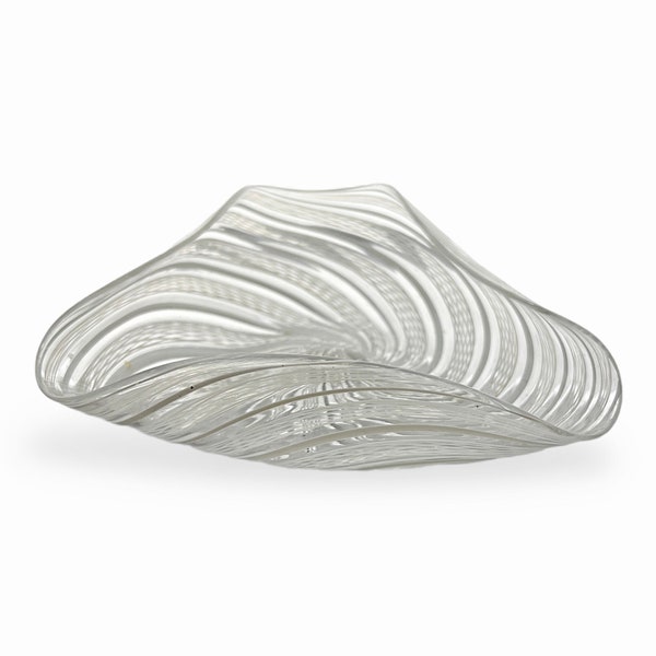 Venini Murano 'Vetro a retorti' White & Clear Glass Ribbon Laticino Triangular Bowl, Ashtray or Catch-All w/ 3 curled edges, lips or Folds