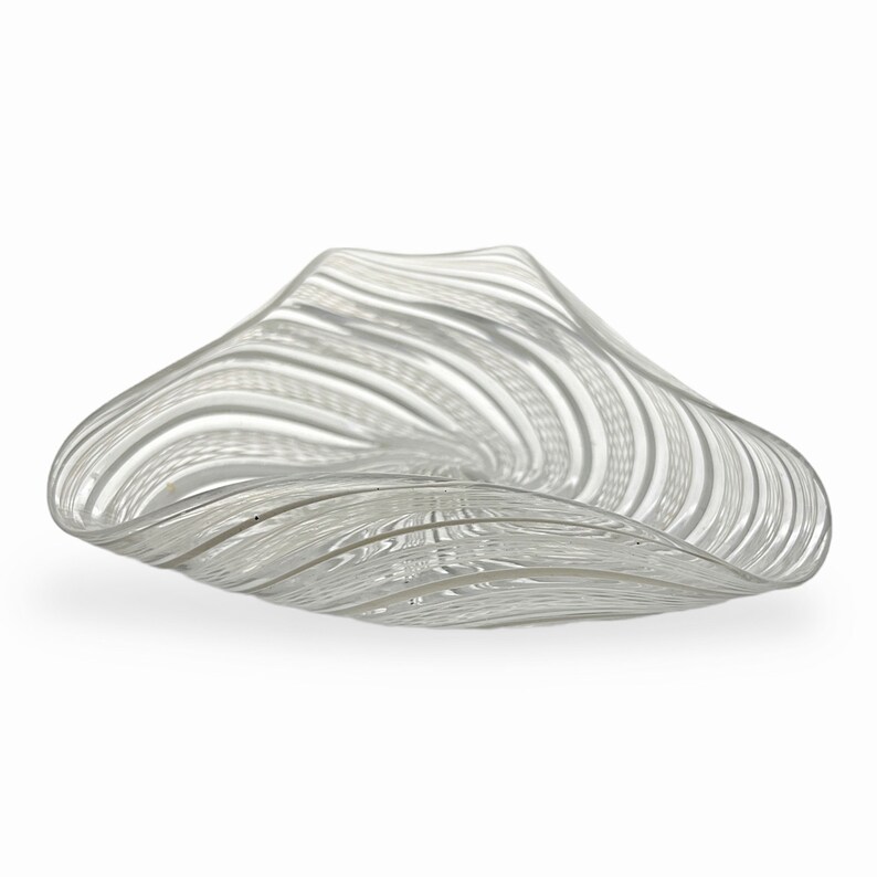 Venini Murano 'Vetro a retorti' White & Clear Glass Ribbon Laticino Triangular Bowl, Ashtray or Catch-All w/ 3 curled edges, lips or Folds image 1