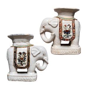 Pair of Chinese White Glazed Porcelain Elephant Garden Seats – 24” Tall Sculptural Symbols of Strength, Wisdom & Serenity, Upturned Trunks