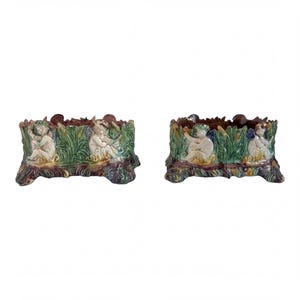Majolica Cache Pot, French Oval Box | Cornfield Motif | Putti Decor | Glazed Ceramic Pair