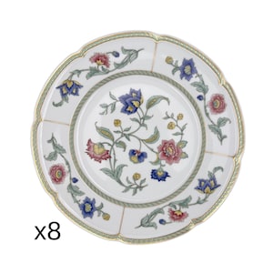 Indian Summer pattern by VILLEROY & BOCH / 10&quot; Set of 8 Dinner or Breakfast Plates w/ Gold Detail w/ Red, Blue Green Enamel, Dishwasher safe
