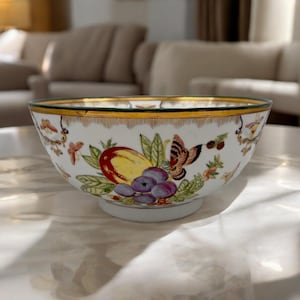 Bowl | Chinoiserie Chinese or Oriental Porcelain w/ Bouquets of Fruits, Flowers, Acorns, Leaves + Insects on White w/ a Gold & Green Rim