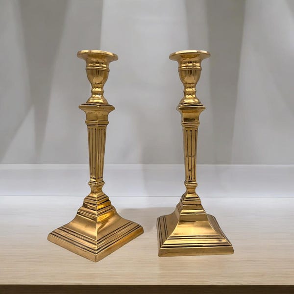 English Pair of 10" Brass Classical Candlestick Candle-holders. A 19th century look. Square Stacked Bases, Wells & Stems and Round Sconces