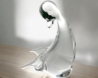 Golden Crown E&R Italy Clear Glass Duck Paperweight Figurine | Handmade Art Glass Flapping Wings Over-the-shoulder Pose