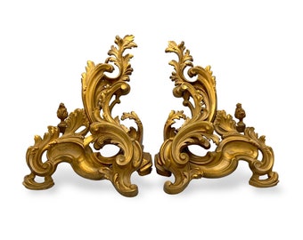 Andirons, Pair of Authentic 19th Century Louis XV Style Gilt Bronze Doré Chenets for Fireplace decoration. Well Preserved, 14H x 12W x 11D