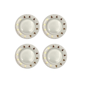 Christmas Salad Plates, 4 w/ Golden Pines, Gold Trees w/ Stars & Gold Trim by Tienshan, Holiday Season, Xmas Cheer, Discontinued serve ware.