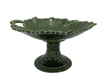 Antique Austrian Schutz Cilli Majolica Grape Leaf Footed Pedestal Bowl for Fruits | Cookies of a Dark, Rich & Robust Green made in Austria.