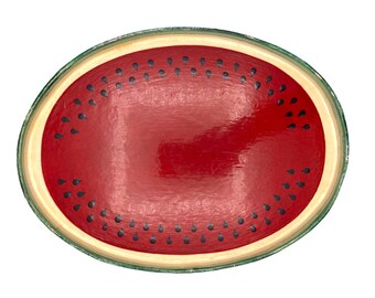 Red Oval Watermelon Serving Tray w/ Rim or Guard - 11x15 inches, Handcrafted Papier Mache, Perfect for Summer Parties