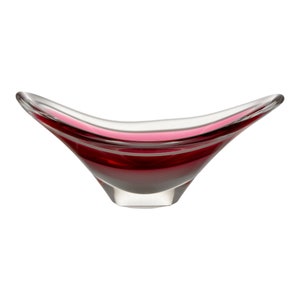Bowl etched &quot;1957 Paul Kedelv&quot;, Swedish Cranberry Colored Art Glass Nut or CatchAll Dish by Flygsfors in Coquille (Seashell) Style