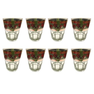 Clear & Etched Double-Old Fashioned glasses / Golden Grapes on Green Roman Aquaducts by CERA GLASS, Multi-use Drinking tumblers.