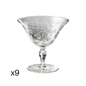 Seneca Low Sherbert Glasses, Set of 9 Vintage etched w/ Laurel Wreaths & Flowers, Water or Cocktail Glasses, Hand blown &#39;High-Vintage&#39;