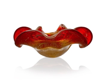 Murano Glass Bowl, Red Bullicante Vessel - Barovier & Toso | 1950S Venetian Art Decor