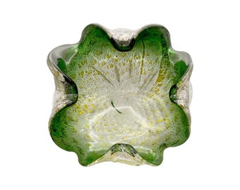 Murano Vintage Ashtray Glass Bowl in Pulled Floriform by Barovier & Toso in Green Controlled Bubbled Bullicante w/ Silver Flecks, Candy Dish