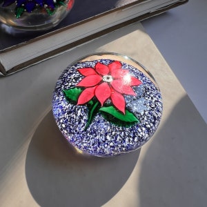 Poinsettia ANTIQUE Paperweight 1870-1887 by Lutz of the Boston & Sandwich Glass Co. on Blue and White Jasper Mottled Background. (1 of 2)