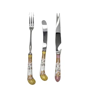 Vintage A.E. Lewis Floraine Sheffield Charcuterie Cutlery Utensils - 1950s, Hand-Painted Porcelain Handles, Stainless Steel, Made in England