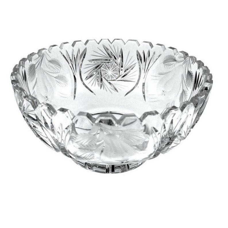 Waterford-Style Cut Crystal w Diamond and Wedge Cuts in an Eggplant Themed Fruit Bowl or Serving Dish or Shabby-Chic Tabletop Centerpiece