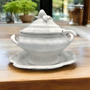 Tureen in Blanc de chine-style White Ceramic | Tureen w/ Original Ladle | Undertray & Lid. Shabby Chic Soup | Stew Server, Pear Finial |Knob
