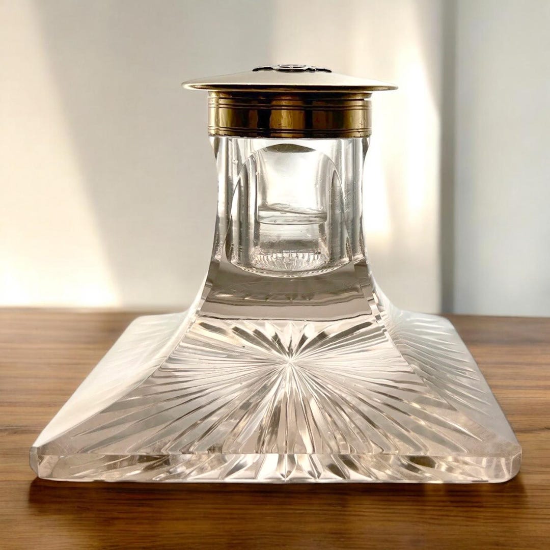 Vintage Cut Crystal Inkwell With Square Base, Brass Hinged Lid, and ...