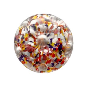Paperweight of 6 Red White Yellow & Blue mottled Flowers w/ 6 controlled Air Bubbles aka Bullicante, Dew drop on 6 Flower Pistils. Chic..