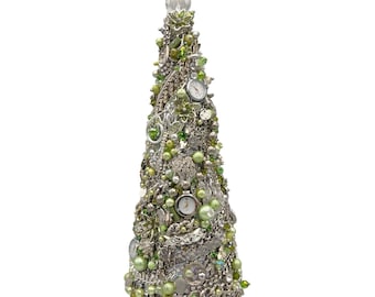Bejeweled Christmas Tree Topiary/Sculpture/Centerpiece w/ Vintage Jewelry in Seafoam, Pistacchio, Pastel Green Crystals, Beads & Faux Pearls