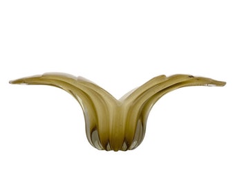 Murano Winged Barbini Glass Bowl or Centerpiece of Green-Milk-White-Clear Sommerso Encasements in Midcentury Style w/ Aventurine Gold Flecks