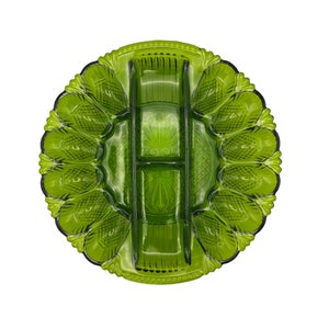 Deviled Egg & Relish Sectioned Platter by L.E. Smith in Green Clear Hobnail Glass, Vintage L.E. Smith Vintage Green Glass, 11&quot; Diameter