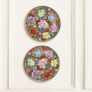Set of 2 Vintage Chinoiserie Mille Fleur Famille Rose Dinner Plates with Large Chrysanthemum Flowers in Pastel Colors on a Gold Background.
