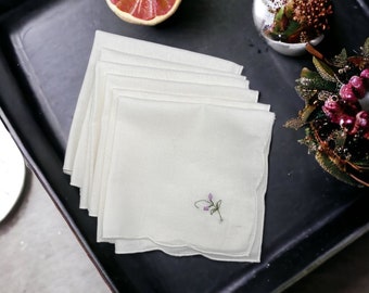 Set of 6 Cocktail Napkins w/ Lavender Embroidery for glassware, as coasters, or for lap appetizers. A bundle of Floral Linen Serviettes