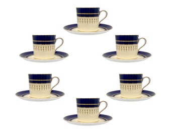 Espresso|Demitasse Cups & Matching Saucers by Aynsley Bone China in Cobalt blue w/ gilt rim decoration. Marked on underside. Made in England