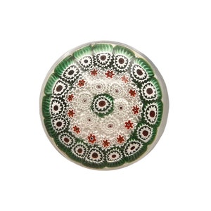 Murano ITALIAN Concentric Green Red and White MILLEFIORI Paperweight or Briefbeschwerer of Murrine Cane/Rod. Antique weight MidCentury 1950s