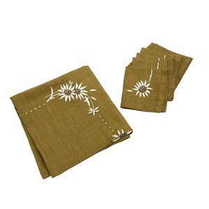 Hand-embroidered Linen Tea Tablecloth & Matching Napkins w/ Daisies and Leaves on a Khaki Caramel Background/Panel, Hand-stiched Embroidery.