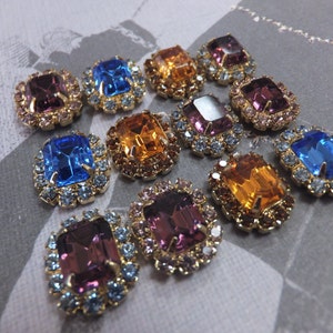 Vintage Swarovski Crystal Embellishment, Blue, Lavender, Purple, Topaz, Flat Backs, 16mm, Rectangle, Glass, Jewelry, Bezel set