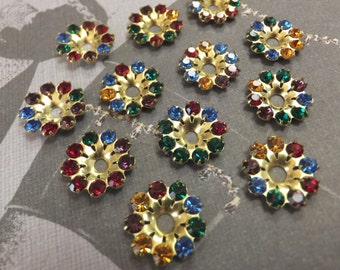 Vintage Swarovski Crystal Flower Embellishment, Multicolored, Flat Backs, 16mm, Rainbow, 9 Stone, Gold, Jewel, Round, Glass