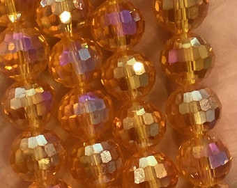 Chinese Crystal, faceted glass bead, disco round, orange AB, 12mm, 5” long, 9 beads