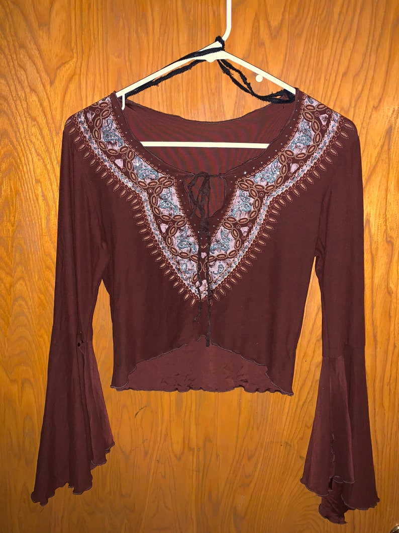 Lemon Fashion USA Brown Vintage Crop Top with Bell Sleeves and Psychedelic Hippie Pattern Size M