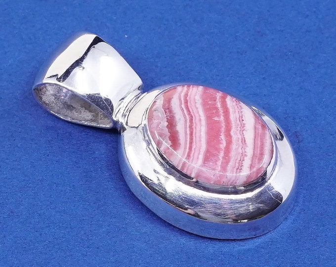 Vintage sterling silver handmade pendant solid 925 silver with pink Rhodochrosite stamped 925