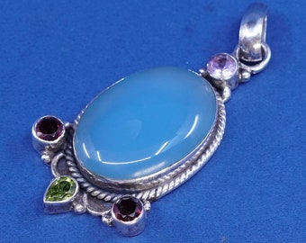 Vintage (520224) Sterling silver handmade pendant, oval shaped prehnite with 925 silver cable around details and peridot, amethyst and Ruby,