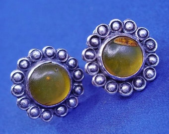 Vintage sterling silver handmade earrings, 925 flower studs with round amber, Stamped 925