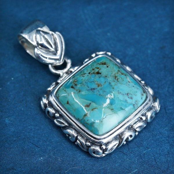 Vintage barse Sterling 925 silver handmade pendant with teardrop copper and turquoise, Stamped 925 barse Thai