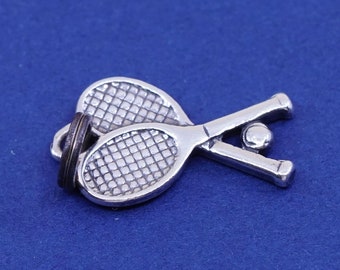 Ciondolo fatto a mano in argento sterling vintage, racchetta e palla da tennis in argento 925 massiccio, testato in argento