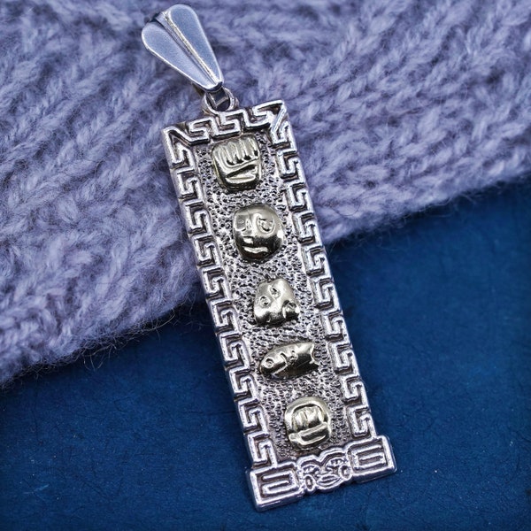 Vintage Oro Maya OM Sterling 925 Silver Two Tone Aztec Cartouche Pendant, stamped Oro Maya 925