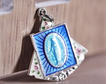 1950’s sterling 925 silver enamel miraculous Virgin Mary medal charm pendant